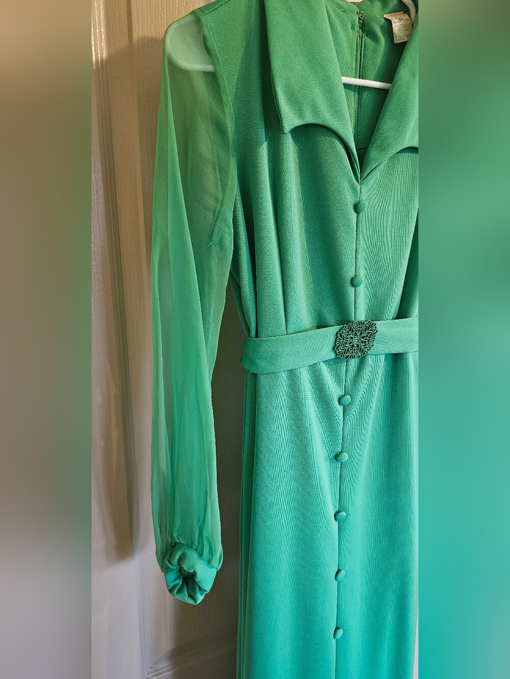 Vintage 1970's Fortrel Celanese Long Chiffon Sleeve Belted Green Maxi Dress Sm 6 - Picture 2 of 8